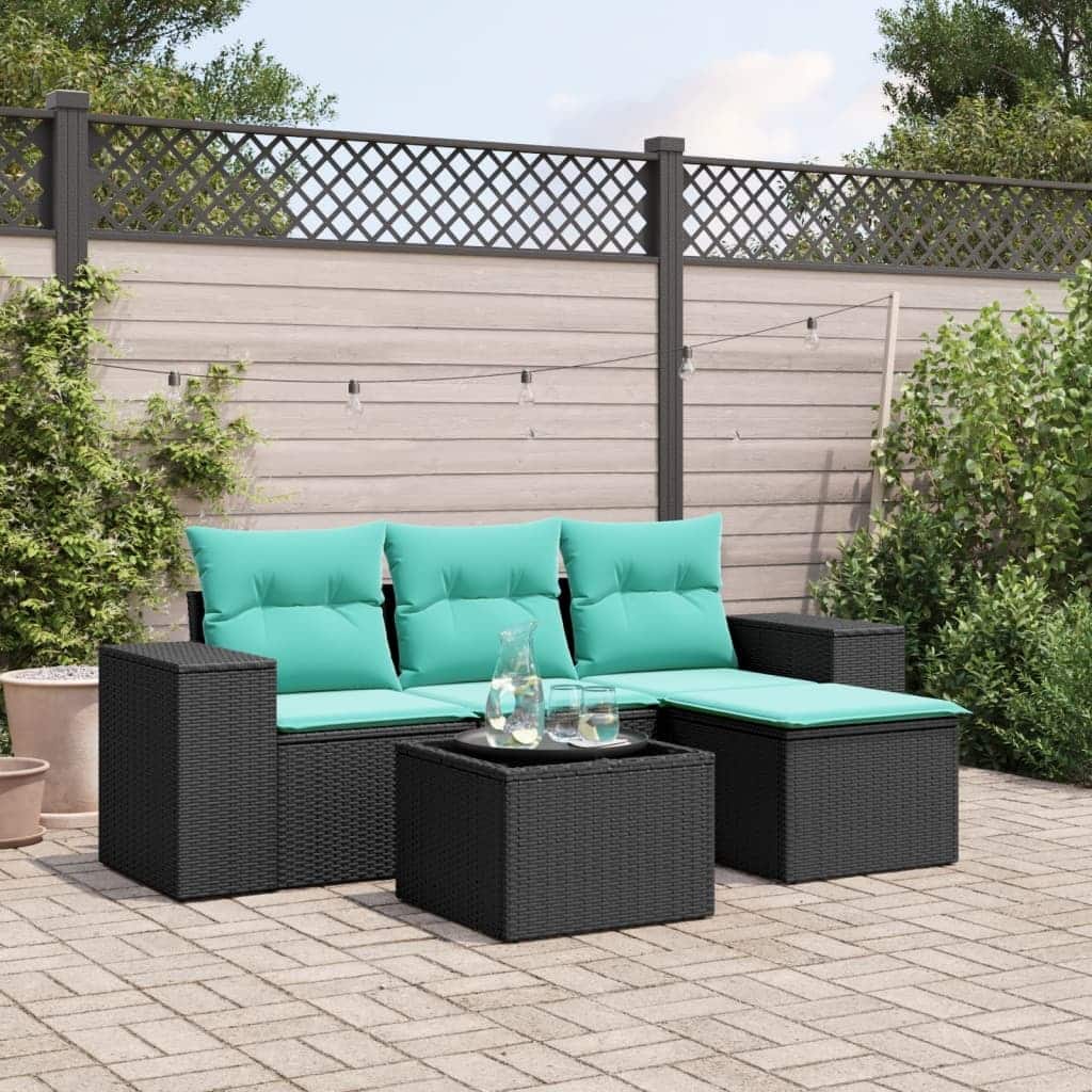 vidaXL 5 Piece Patio Sofa Set with Cushions Black Poly Rattan - 21.7 x 24.4 x 27.2