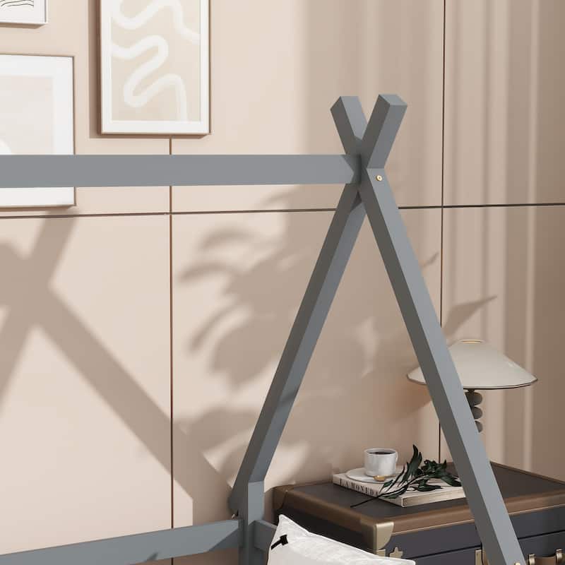 Twin Tent-shaped Floor Bed, Teepee Bed with Guardrails, Slats and Door, Grey