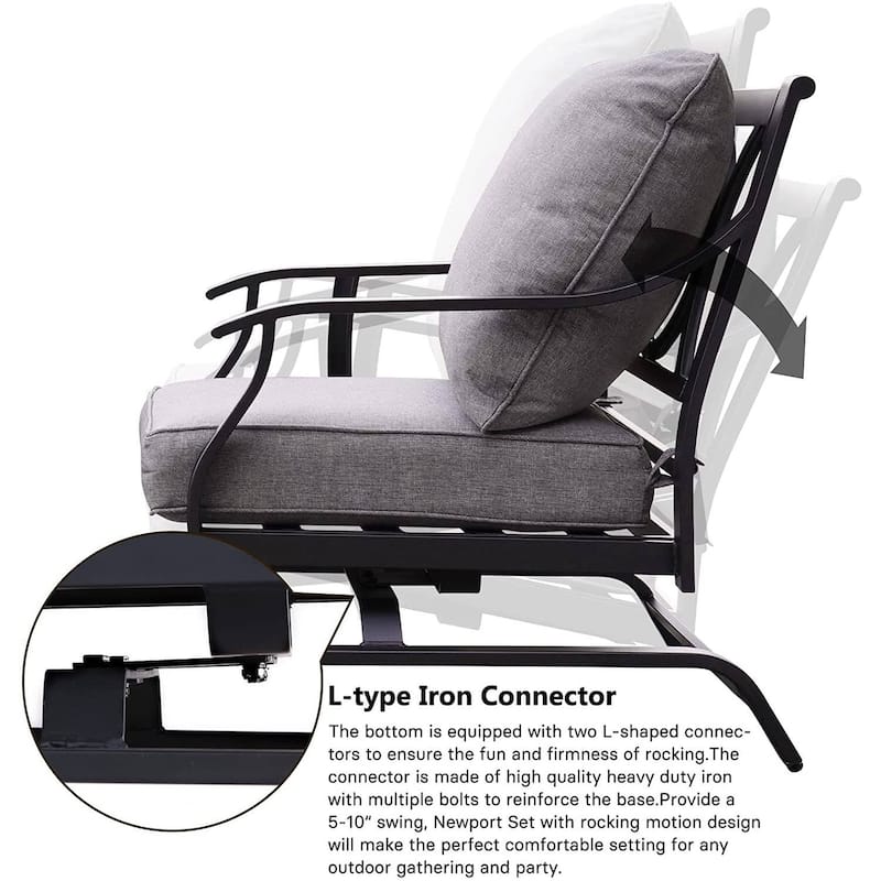 Grand Patio Black 3-Piece Metal Outdoor Bistro Sets With Gray Cushions and Glass Coffee Table