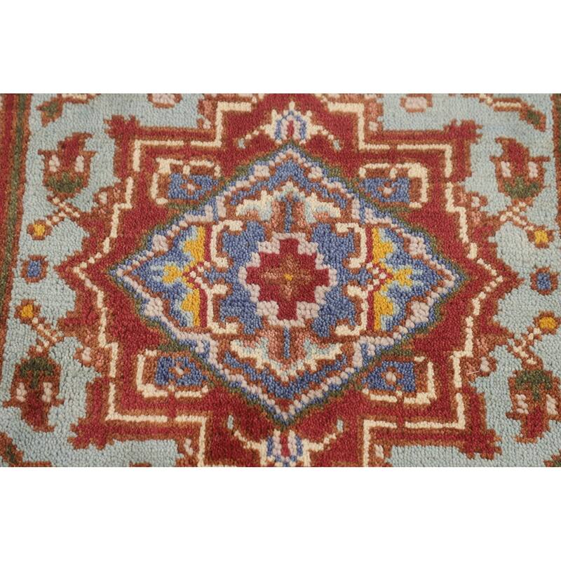 Turquoise Geometric Heriz Serapi Foyer Rug Hand-Knotted Wool Carpet - 3'0"x 4'11"