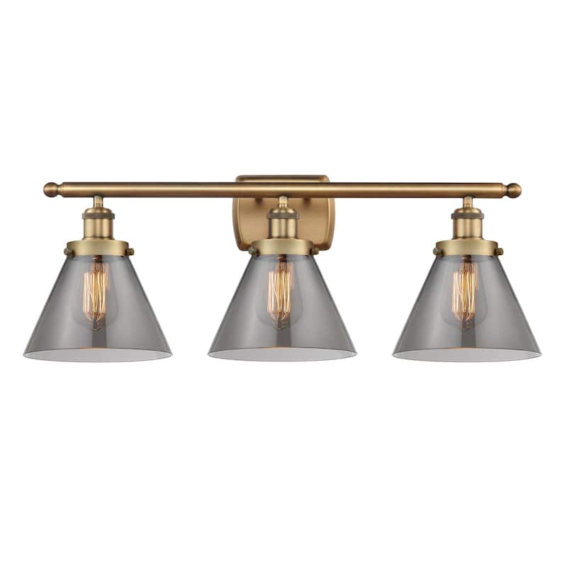 Innovations Lighting 916-3W-13-28 Cone Vanity Cone 3 Light 28" Wide - Brushed Brass / Plated Smoke
