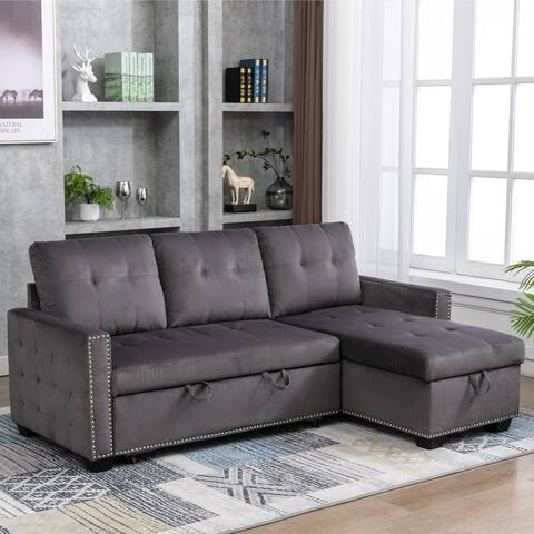 77 Inch Reversible Sectional Sleeper Sofa Bed L-shape 2 Seat Chaise with Storage Skin-feeling Velvet Fabric for Living Room