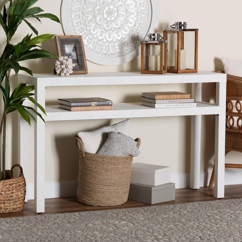 Gale Natural Grasscloth Console Table - Two-Tier Entryway Table with Open Shelf, Modern Coastal Accent Table