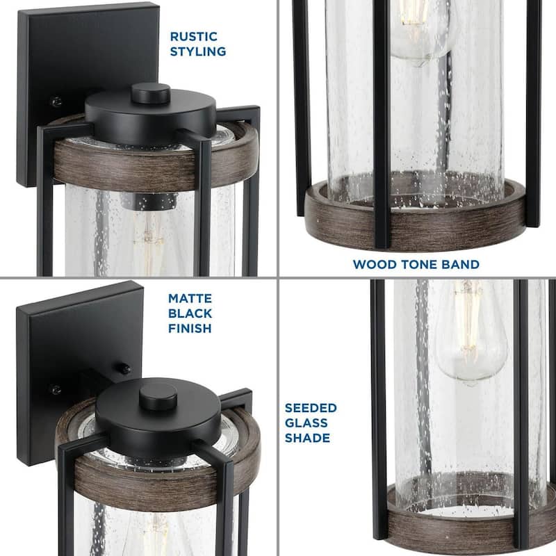 Whitmire Collection One-Light Matte Black with Aged Oak Accents Clear Seeded Glass Farmhouse Outdoor Wall Lantern Light