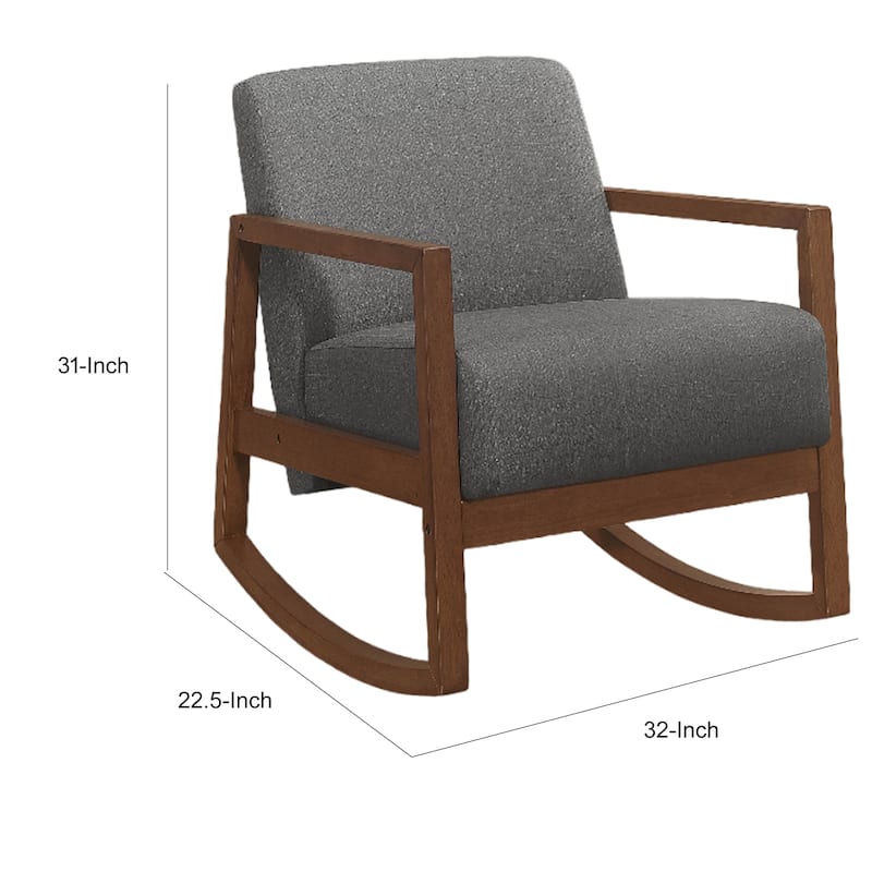 Clovi 32 Inch Rocker Accent Chair, Gray Fabric, Foam Cushions, Brown Wood