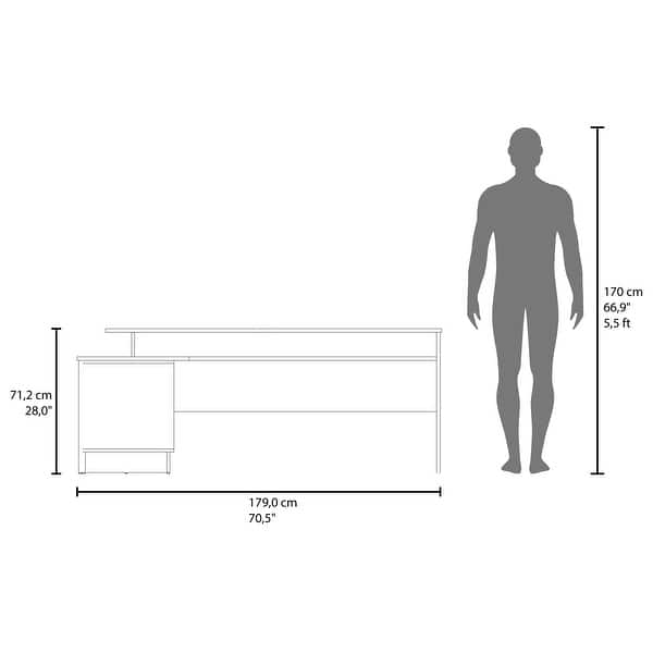 dimension image slide 0 of 2, 70" Wide L-Shaped Office Desk with Cabinet and Shelves, Freestanding Design