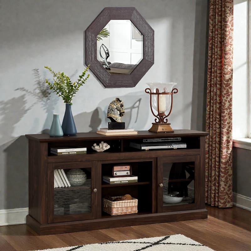 60" Modern Farmhouse TV Stand for 65 Inch TV, Media Console with Glass Doors and Storage for Living Room Entertainment Center
