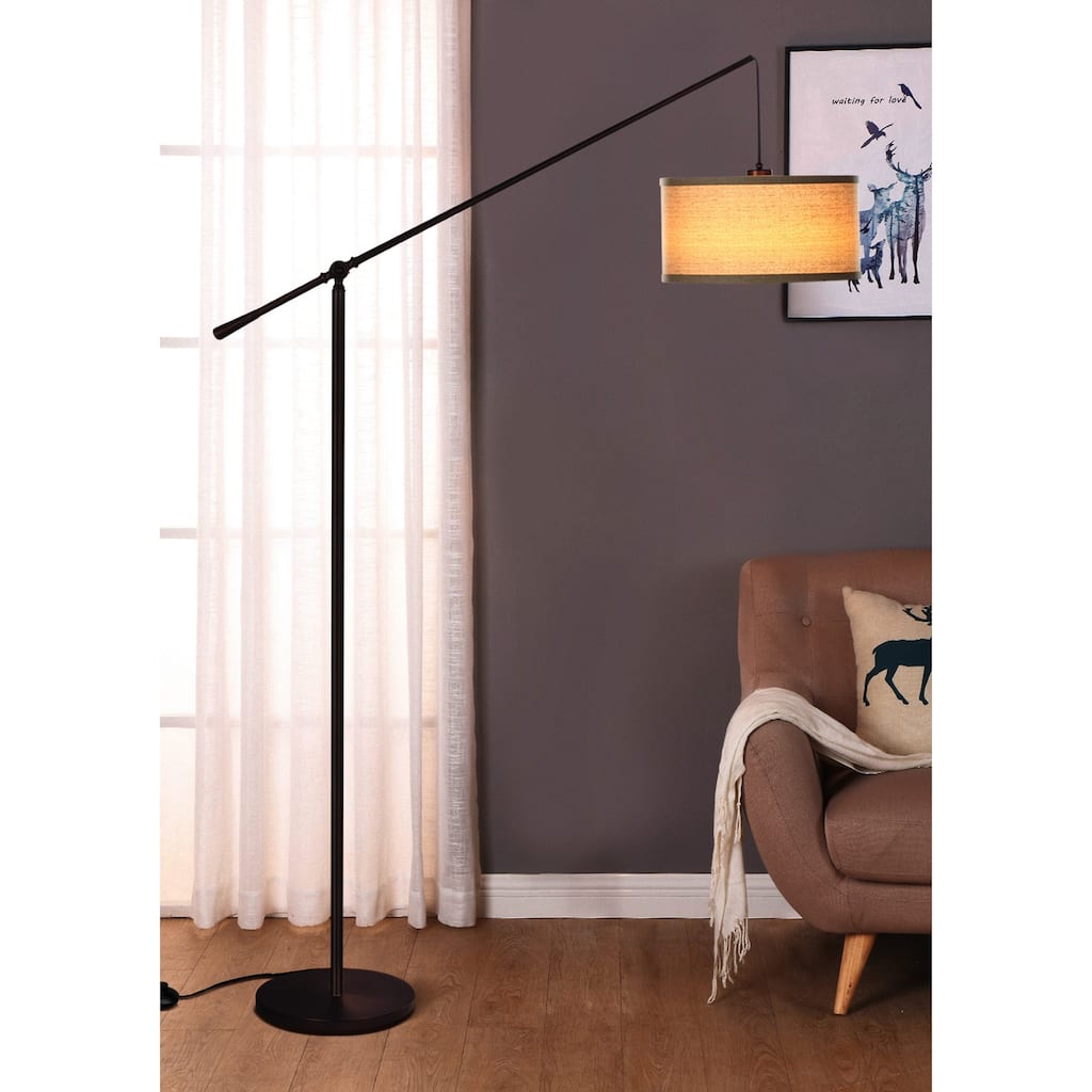 Brightech Hudson 2 70 in. Oil Brushed Bronze Modern Height Adjustable LED Floor Lamp with Beige Fabric Drum Shade