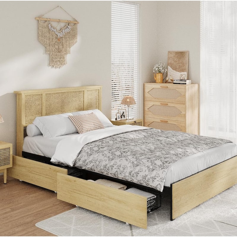 Full Bed Frame with Natural Rattan Headboard, 4 Storage Drawers, Slats, Bohemian-Style Cane Mattress Support