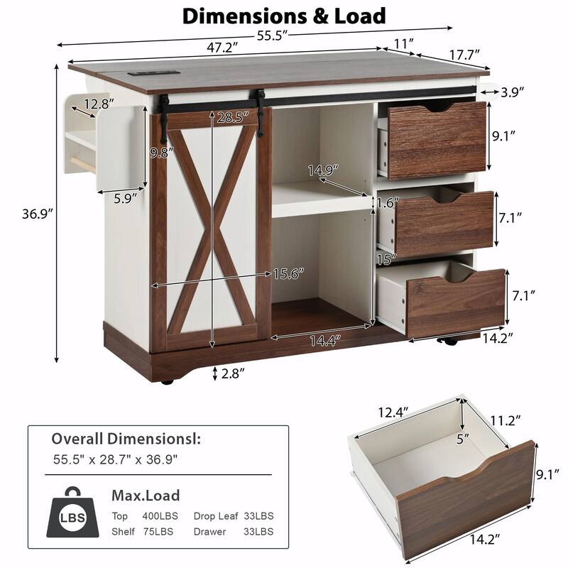55.5" Farmhouse Kitchen Island with Drop Leaf, Barn Door Storage, Power Outlet