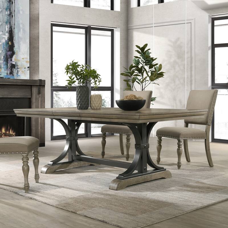 Roundhill Furniture Birmingham 8-Piece Dining Set, Extendable Table with Nailhead Chairs and Bench, Driftwood Finish