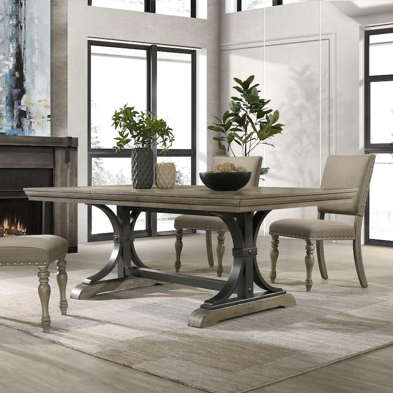 Roundhill Furniture Birmingham 9-piece Dining Set, Driftwood Finish Extendable Table with Nailhead Chairs Dining Set