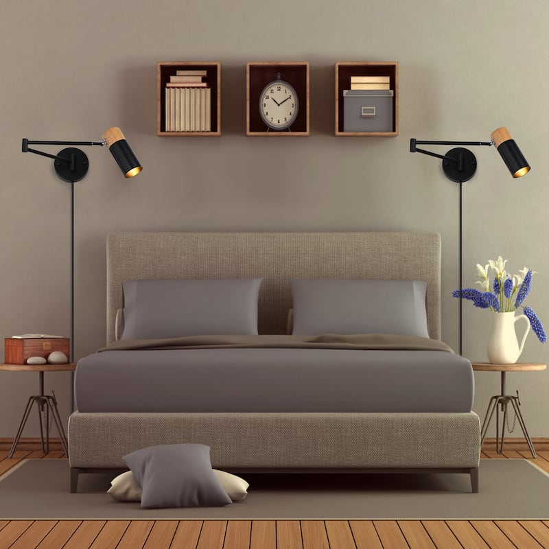 Modern Black/White Pendant Light Fixture with Plug in Cord Wood Metal, Adjustable Chandelier Hanging Lamps for Bedroom