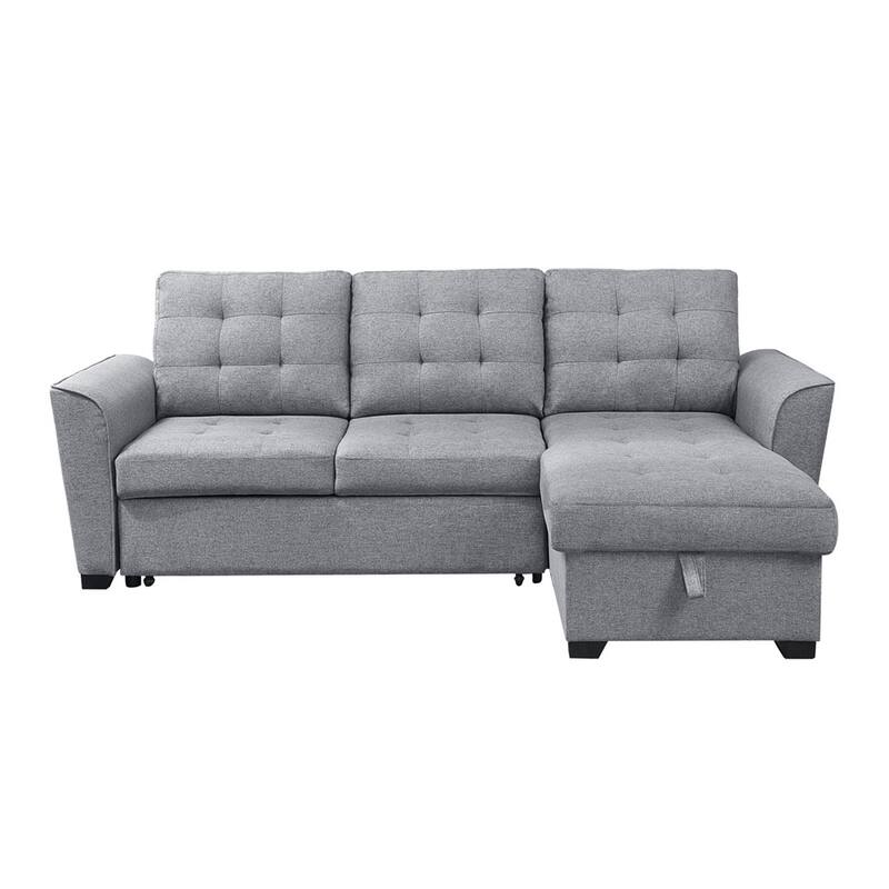 Light Grey Linen Sleeper Sectional Sofa with Reversible Storage Chaise
