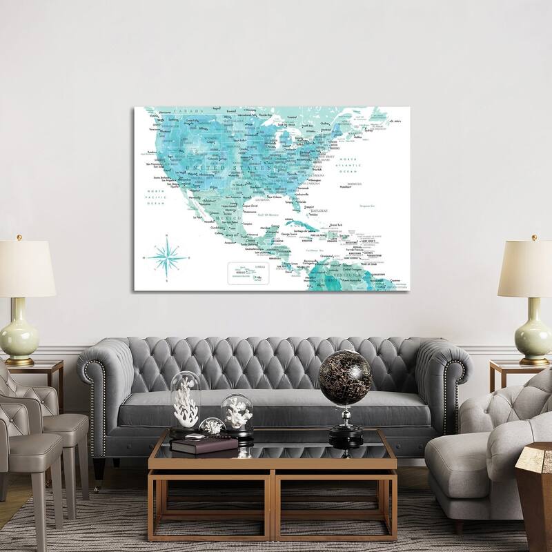 iCanvas "Map Of The Usa And The Caribbean Area In Aquamarine Watercolor" by blursbyai Canvas Print
