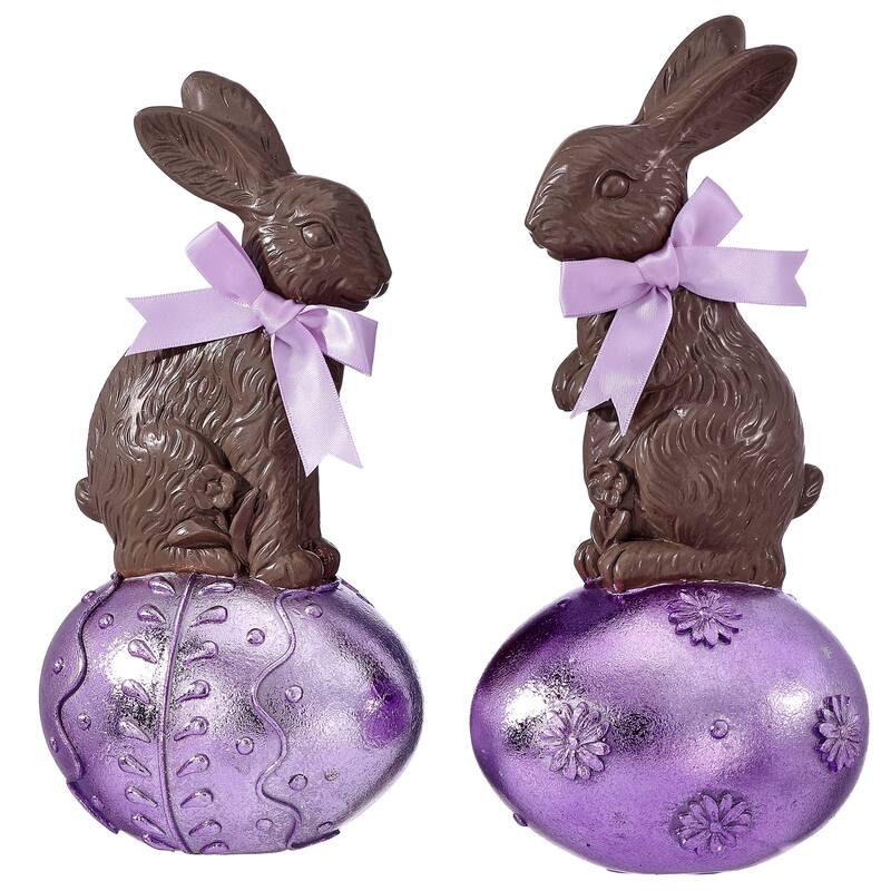 10" Resin Bunny On Metallic Egg Set of 2