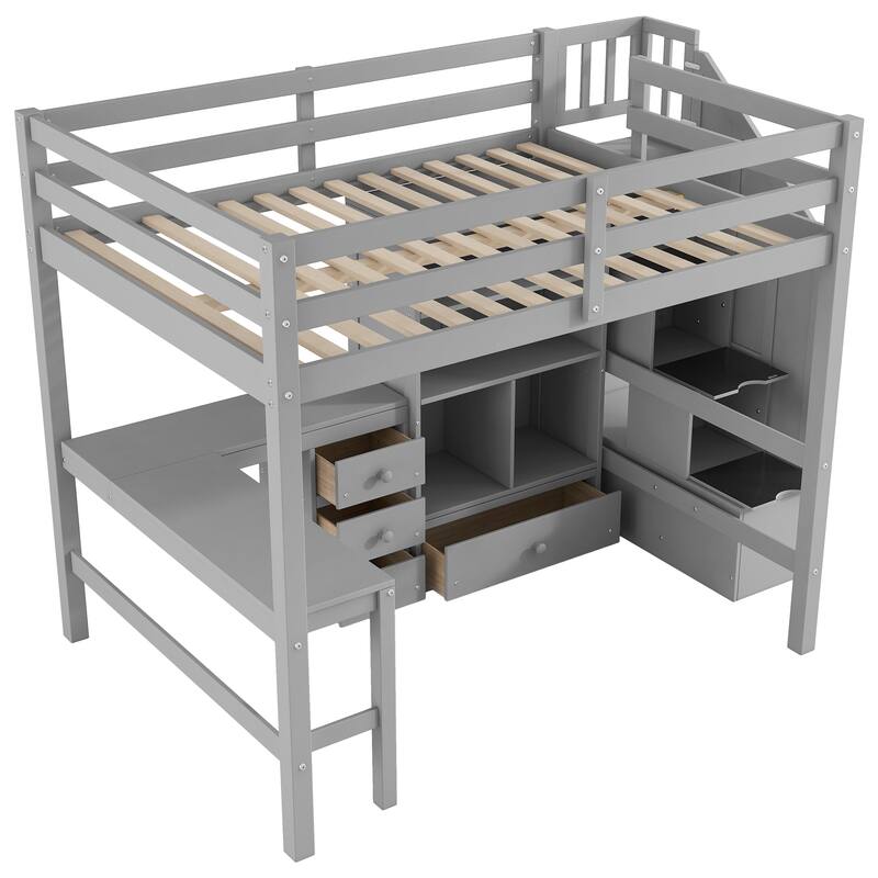 Twin/Full Loft Bed with L-Shaped Desk and Storage Staircase, Multi-Functional Solid Wood Loft Bed Frame with Drawers & Bookcase