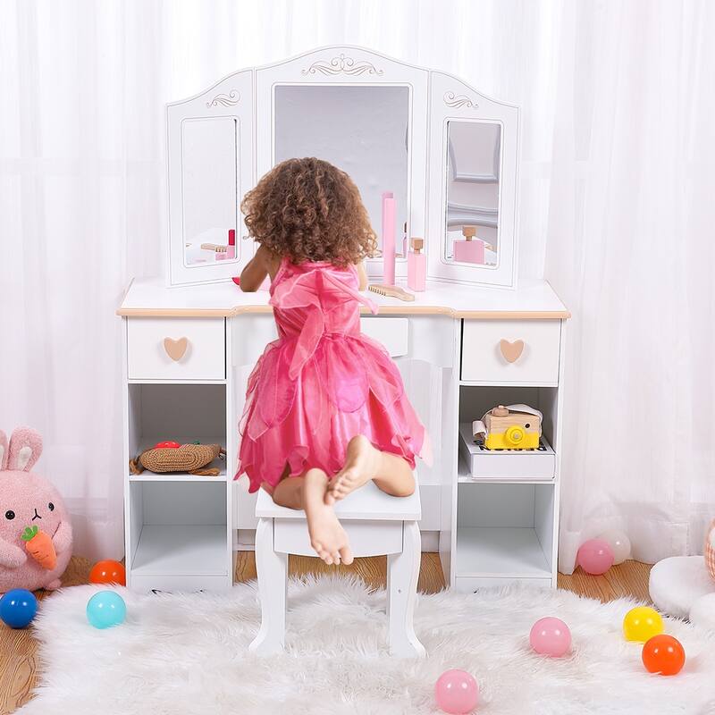 Kids Vanity Set with Mirror and Drawer Vanity Table and Chair Set
