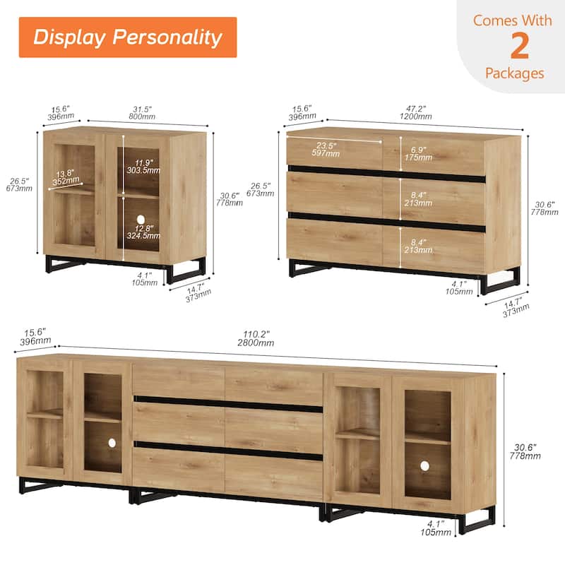 3 in 1 TV Stand for TVs up to 120 inches, Modern TV Console with Glass Doors and 6 Drawers for Living Room, Bedroom