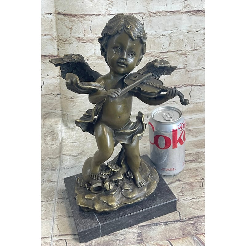 Cherub Child Angel Playing Violin Bronze Metal Statue Sculpture Memorial Decor Marble Base