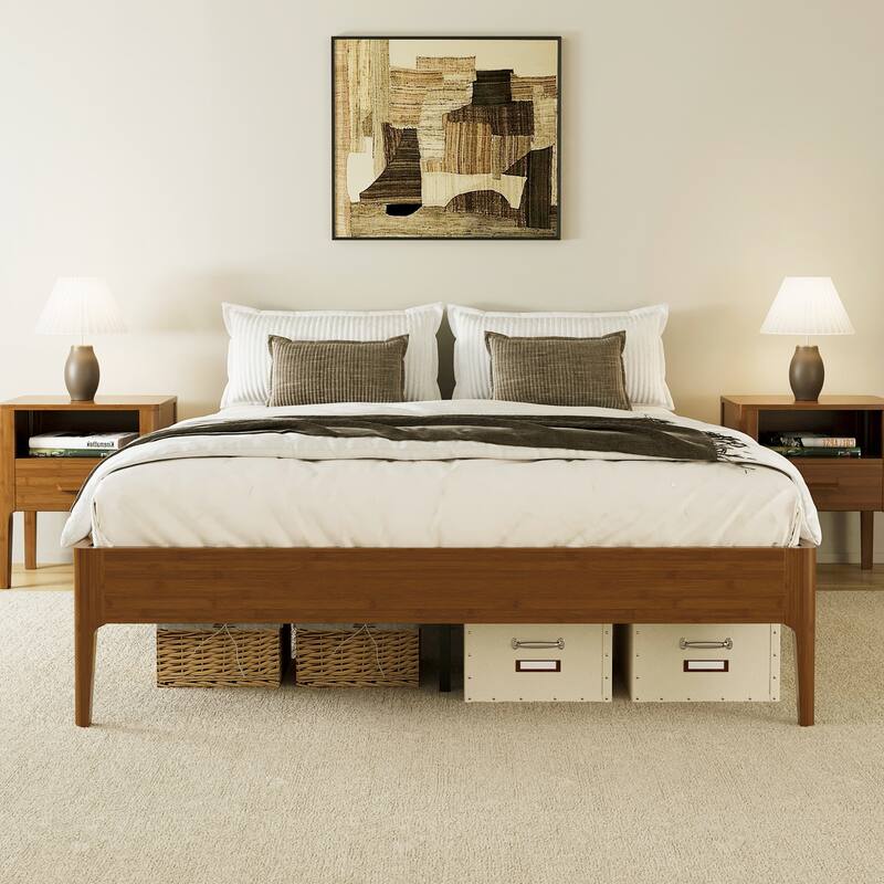15" High Queen Bamboo Platform Bed, Wood Slat Metal Support, Modern Minimalist, No Box Spring, Easy Setup, Brown