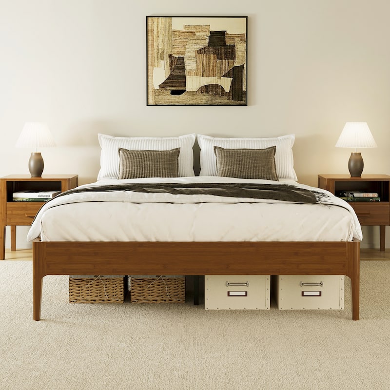 Solid Dry Bamboo Wood Platform Bed Frame with Wood Slat Metal Support, No Box Spring Needed, Easy Assembly