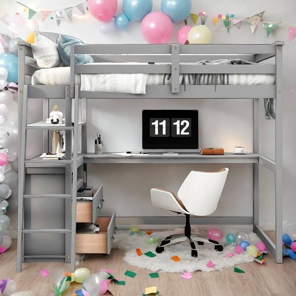 slide 2 of 36, Full Size Loft Bed with Desk and Shelves, 2 Built-in Drawers, Gray Grey