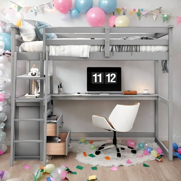 slide 2 of 36, Stylish & Simple Full Size Loft Bed with Desk and Shelves, 2 Built-in Drawers, Safety Guaranteed, Multifunctionl Design, Gray Grey