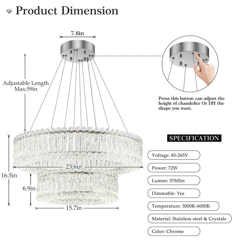 1/2-Tier Dimmable Chrome Crystal LED Drum Chandelier
