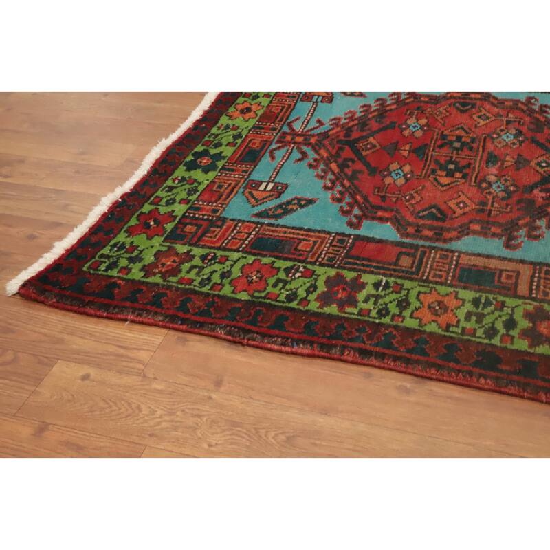 Hand Knotted Oriental 100% Wool Carpet Traditional Geometric Navy Blue & Blues Ardebil Runner Rug - 10' 6'' X 3' 3''