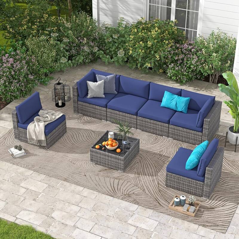 7 Pieces Patio Furniture Set, Outdoor Sectional Conversation Wicker Rattan Sofa Couch with Glass Table and Cushions, 7 PCS, Blue
