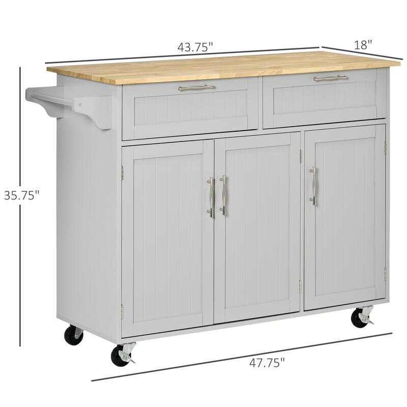Mobile Kitchen Island On Fixed Wheels with Storage Space, 2 Drawers, 3 Cupboards, Adjustable Shelves and Towel Rack, White