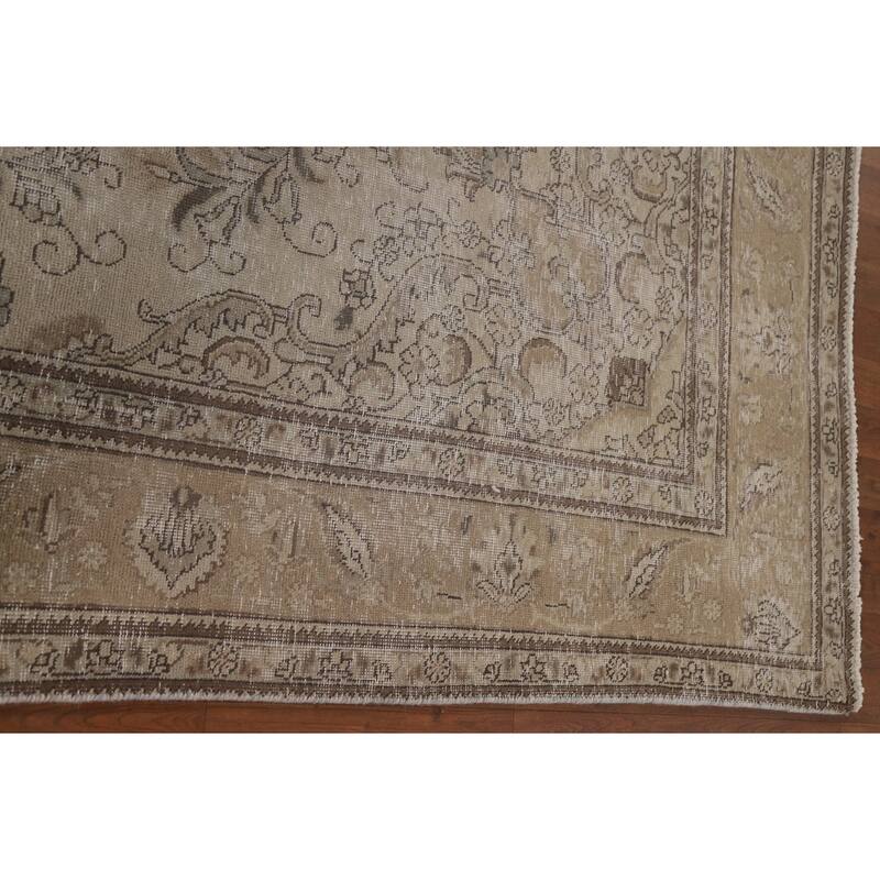 Beige Distressed Tabriz Persian Vintage Rug Handmade Wool Carpet - 6'6" x 9'3"