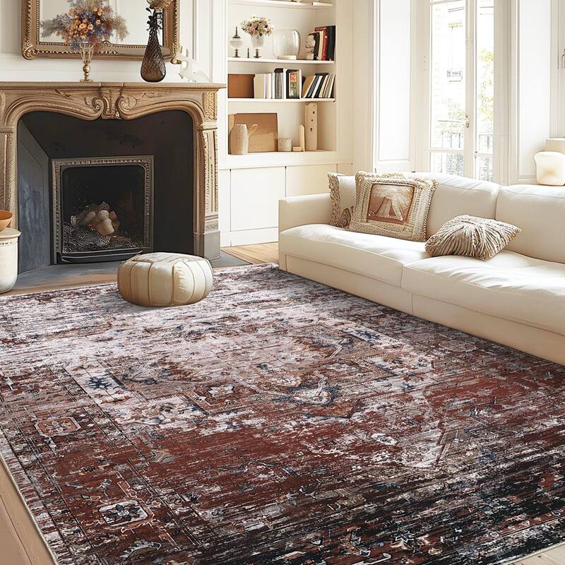 Ombre Vintage Area Rug Distressed Washable Living Room Bedroom Rug Indoor Carpet Ultra-Thin Soft Rug Non-Slip