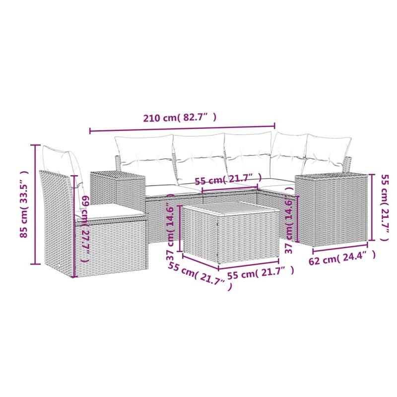 vidaXL Patio Sofa Set with Cushions Outdoor Furniture 6 Piece Poly Rattan - 24.4x 24.4x 27.2