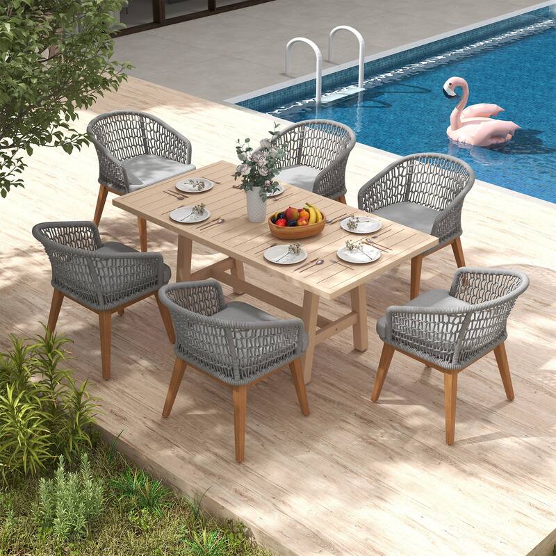 Outdoor 7-Piece Woven Rope Dining Chair and Wood Table Set - Grey