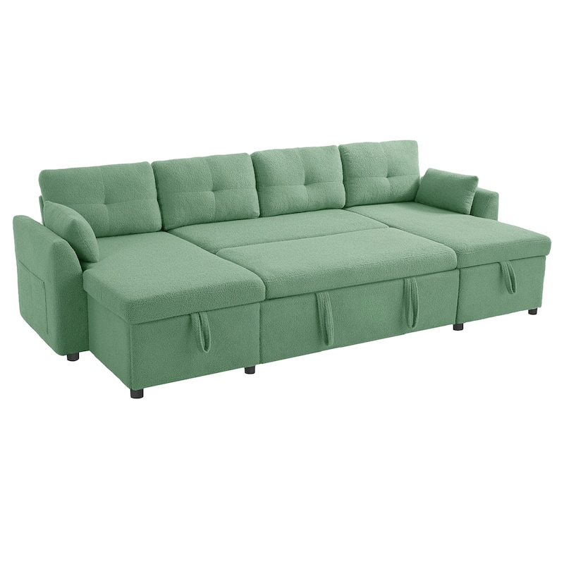 Teddy Fabric Sectional Sofa Convertible Sleeper Sofa Modern U-Shaped Couch Dual Storage Chaise Lounge with Pockets and USB Ports