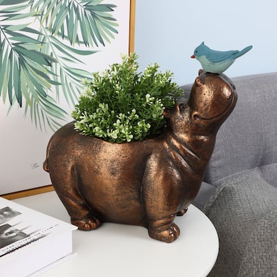 Brown Hippo and Blue Bird MgO Flower Pot Planter - 13" H x 12.2" W x 6.9" D