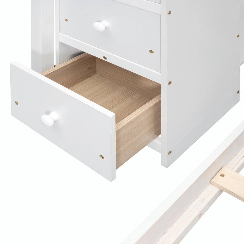 Twin Over Full Bunk Bed with 3-layer Shelves, Drawers, and Storage Stairs
