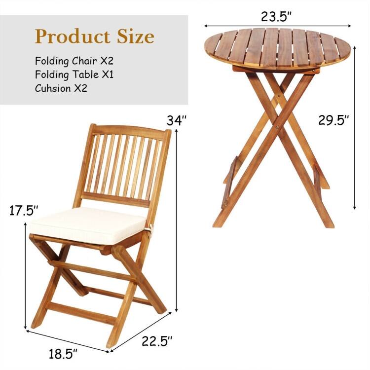 3 Pieces Patio Folding Bistro Set with Padded Cushion and Round Coffee Table - 23.5" x 23.5" x 29.5" (L x W x H)