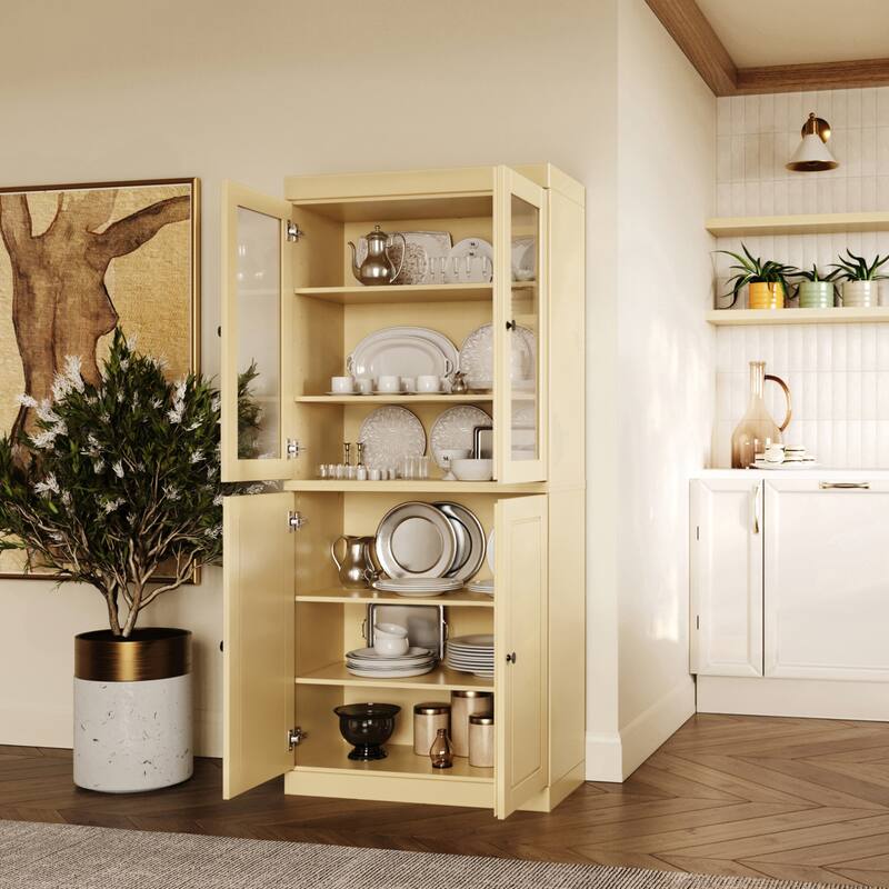 Palace Imports 100% Solid Wood Pantry Cabinet, Raised Panel & Clear Glass Doors, Adjustable Shelves, 32" Wide, 71.5" Tall
