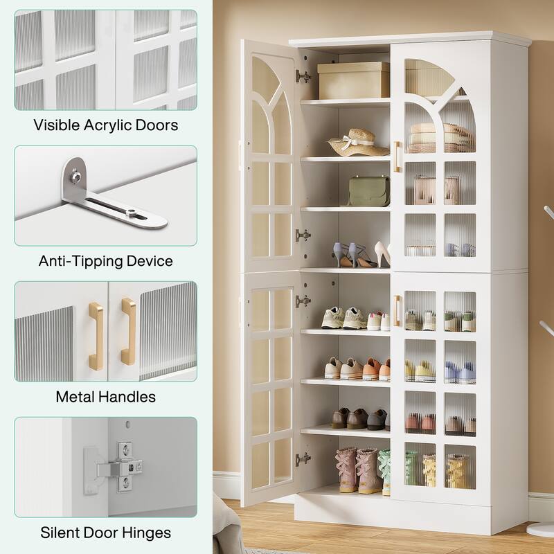8-Tier Tall Shoe Storage Cabinet with Doors, Led Lights and Adjustable Shelves for Entryway, White