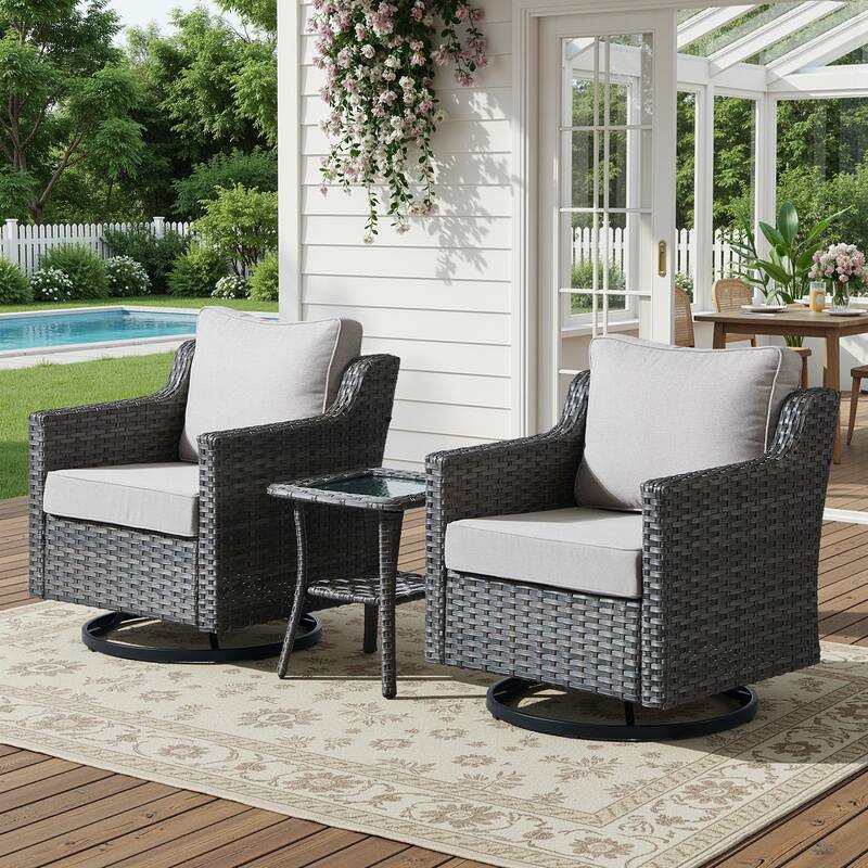 Meyreso 3-Piece Gray Wicker Outdoor Swivel Glider Chair Set with Side Table
