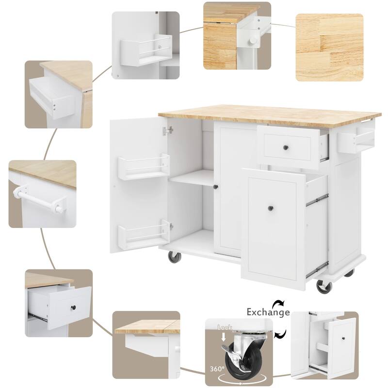 Kitchen Island with 3 Tier Pull Out Cabinet, Drop Leaf Breakfast Bar on Locking Wheels with 1 Drawer & Internal Storage Racks