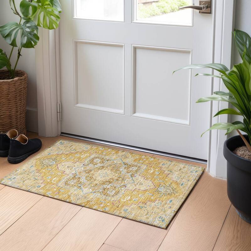 Machine Washable Indoor/ Outdoor Persian Traditional Chantille Rug - Gold - 1'8" x 2'6"