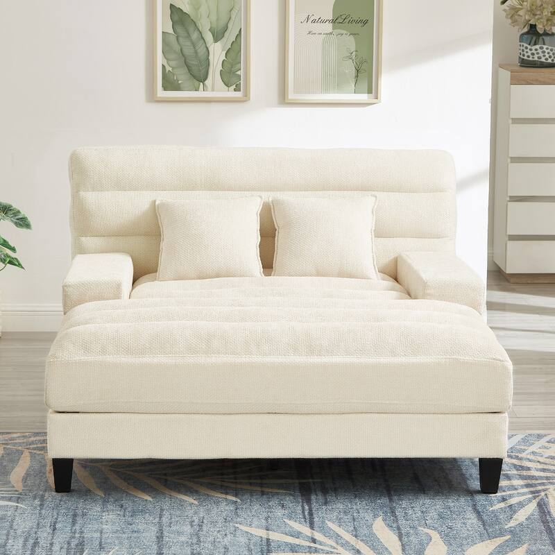 Modern Chaise Lounge Sofa 57.1" Sofa Bed Chenille Upholstered Lounge Sofa Chair with Adjustable Backrest and LED Light Strip