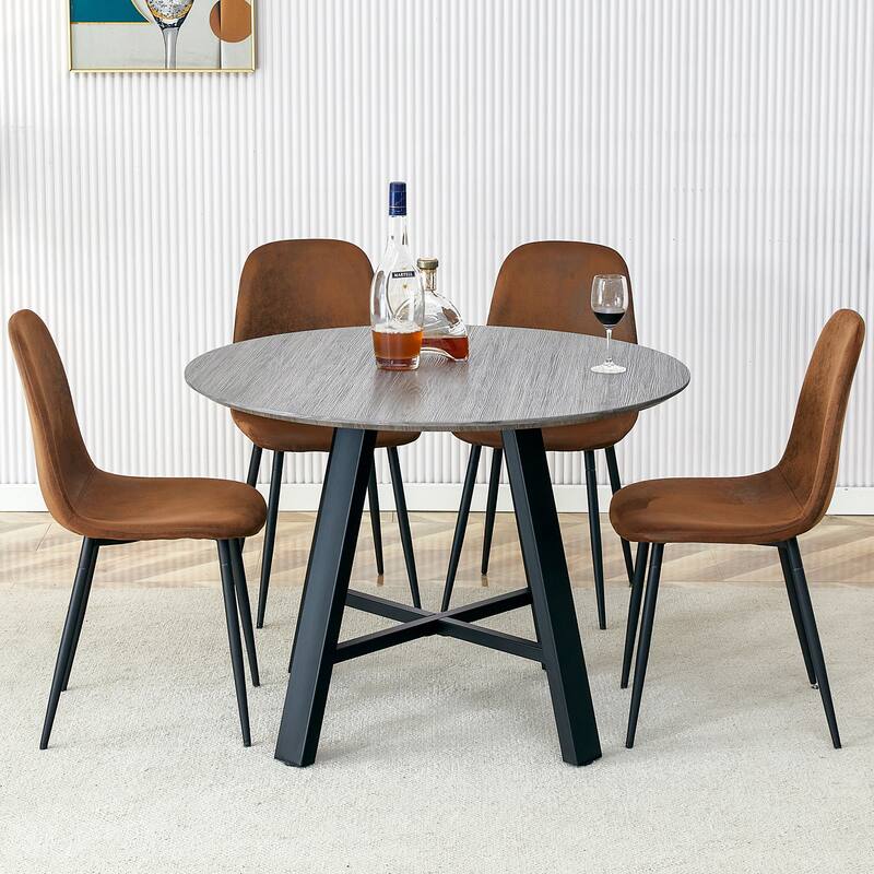 42" Round Minimalist Dining Table Set for 4, Wood Grain Dinner Table with 4 Techno-Fabric Chairs and Metal Legs