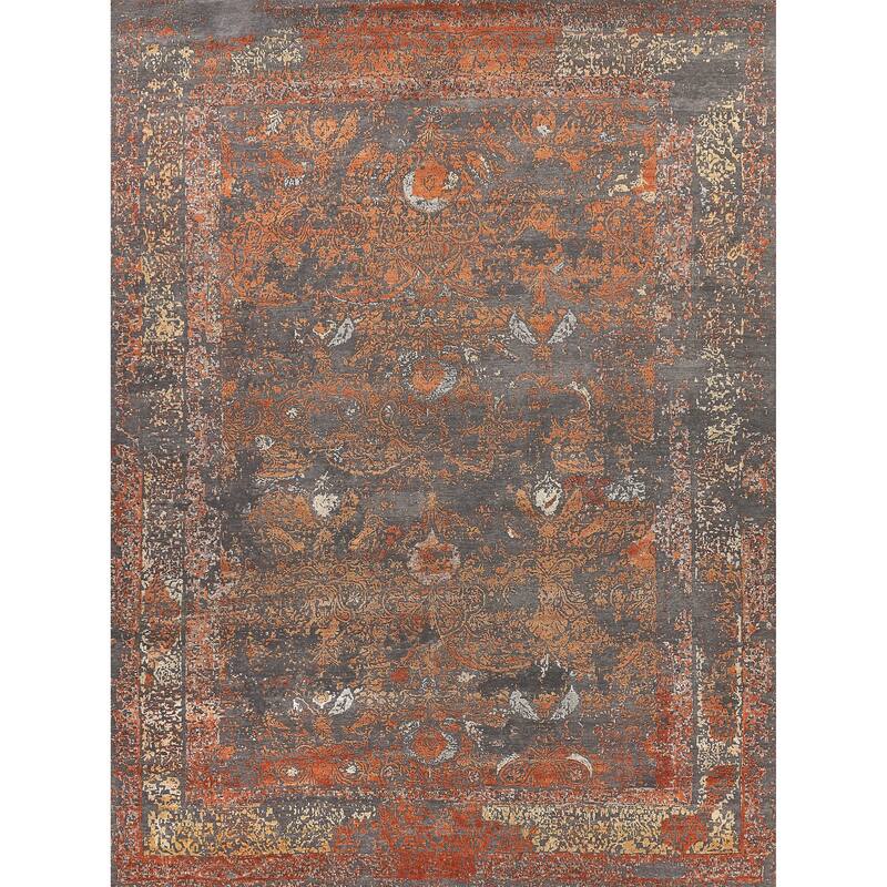 EXQUISITE RUGS Maison Hand-knotted Wool/Bamboo Silk Grey/Orange Area Rug.
