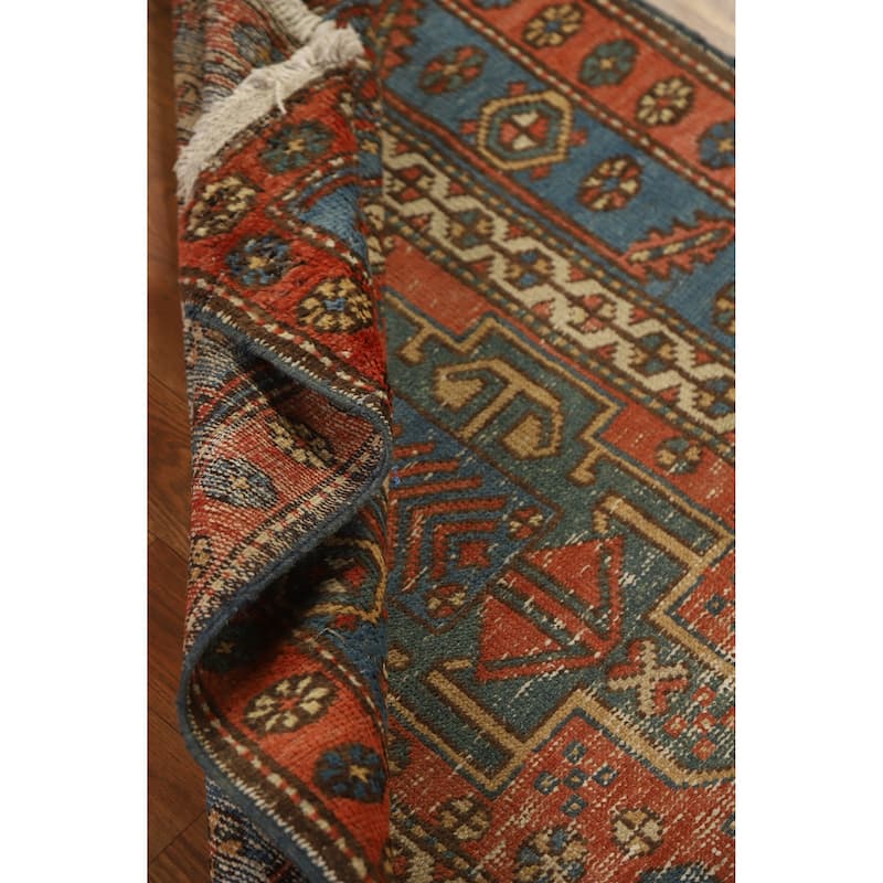 Hand Knotted Oriental 100% Wool Carpet Traditional Geometric Oranges & Rust Heriz (serapi) Runner Rug - 12' 7'' X 2' 10''