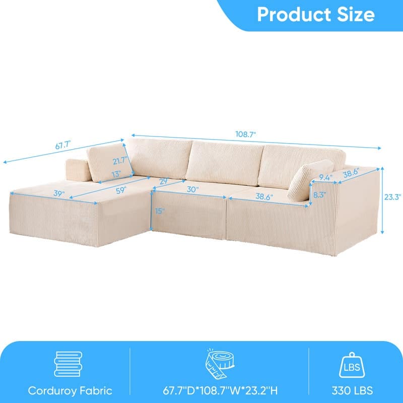 Mixoy 3-Pcs Free Combination Modular Sectional Sofas,Corduroy Compressed L-Shaped Sofa with Flexible Configuration - 3-Seater